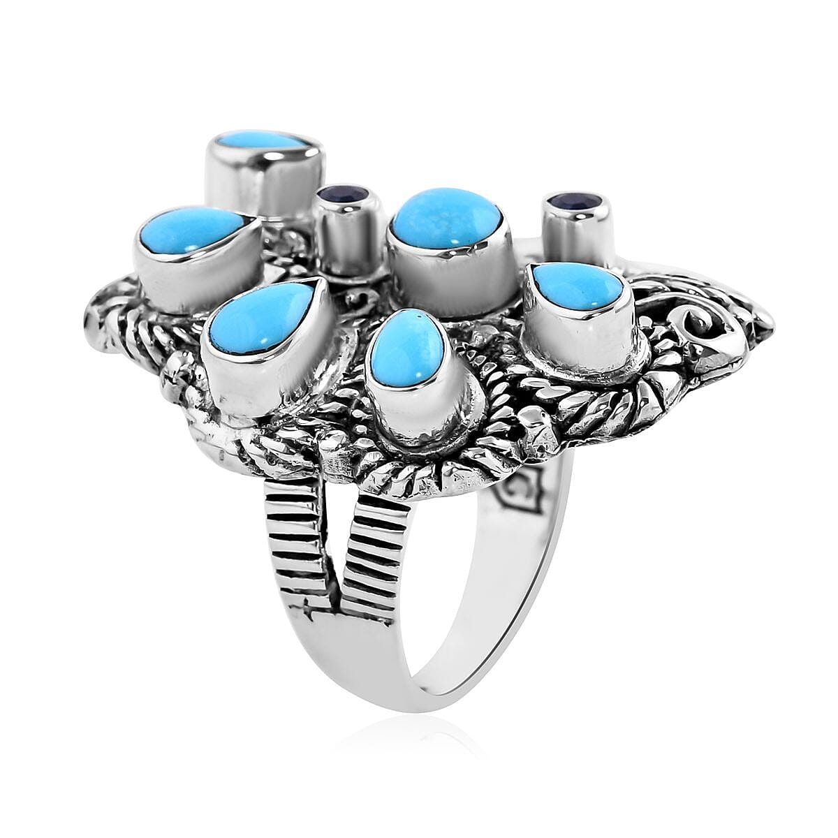 Bali Legacy Sleeping Beauty Turquoise and Blue Sapphire Native American Chief Ring in Sterling Silver (Size 8.0) 3.30 ctw image number 3