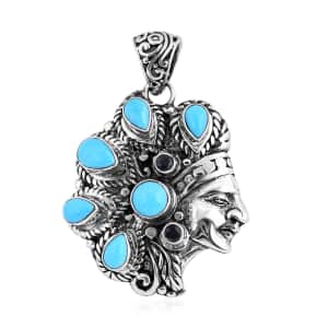 Bali Legacy Sleeping Beauty Turquoise and Blue Sapphire Native American Chief Pendant in Sterling Silver 3.30 ctw