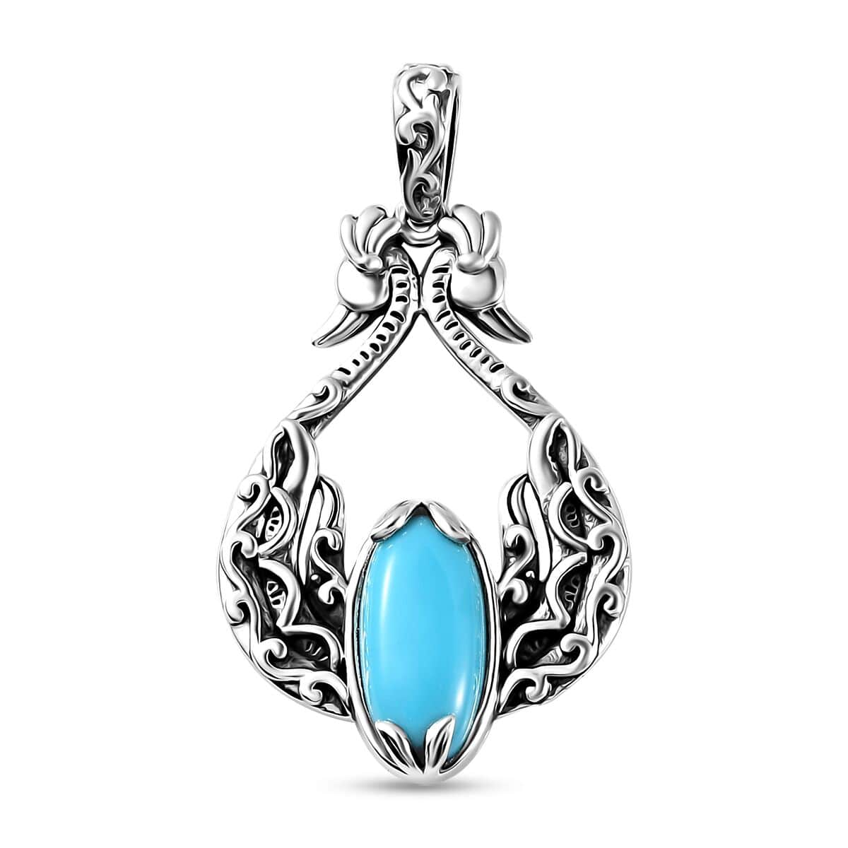 Indian Artistry Sleeping Beauty Turquoise 3.30 ctw Peacock Pendant in Sterling Silver image number 0