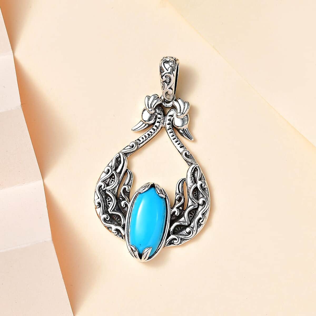 Indian Artistry Sleeping Beauty Turquoise 3.30 ctw Peacock Pendant in Sterling Silver image number 1