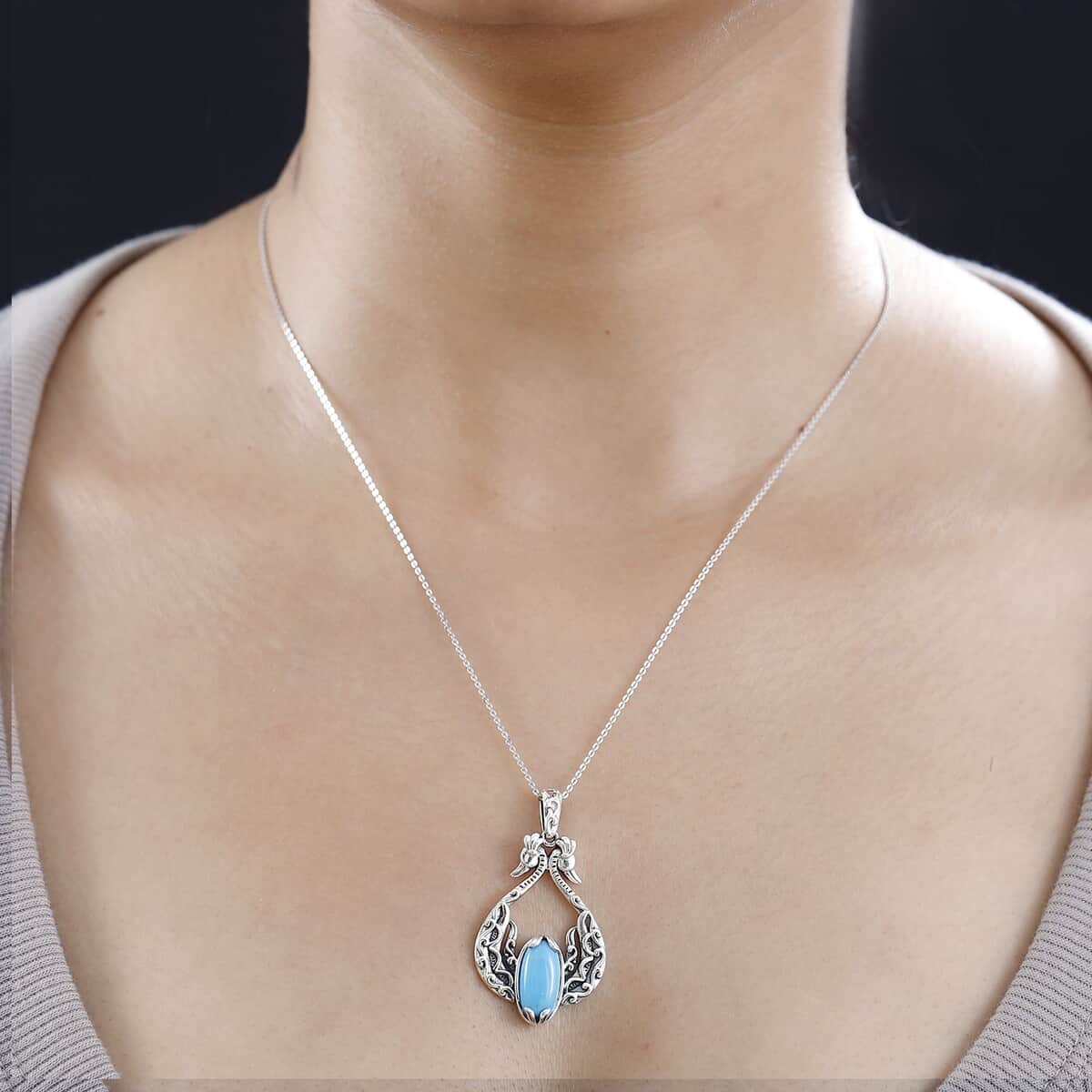 Indian Artistry Sleeping Beauty Turquoise 3.30 ctw Peacock Pendant in Sterling Silver image number 2