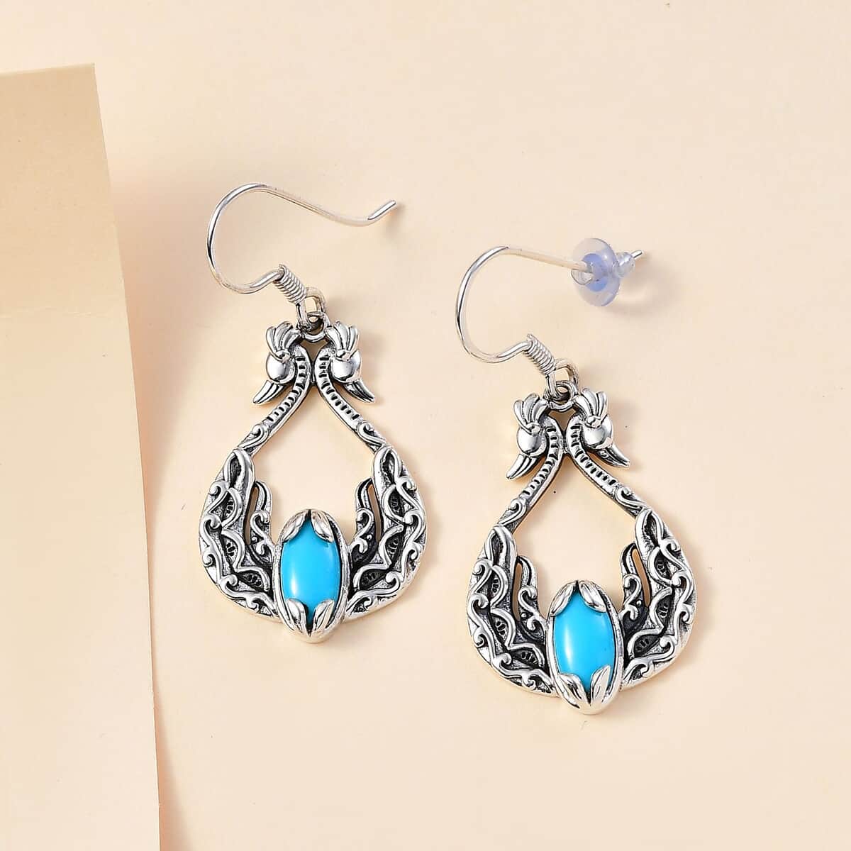 Indian Artistry Sleeping Beauty Turquoise 2.30 ctw Peacock Earrings in Sterling Silver image number 1