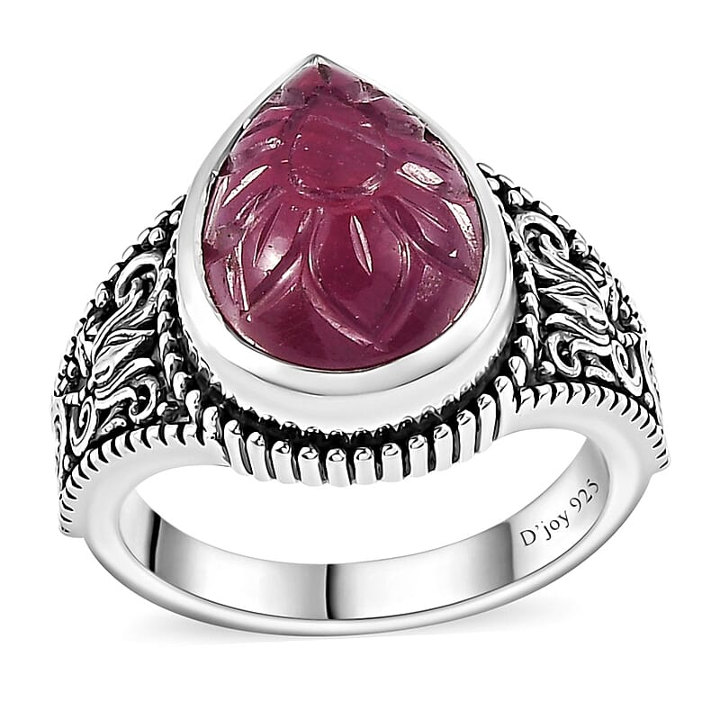 Indian Artistry Niassa Ruby (FF) Carved 8.50 ctw Flower Ring in Sterling Silver (Size 10.0)
