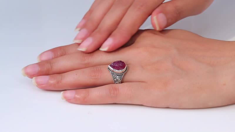 Artisan Crafted Niassa Ruby (FF) Carved 8.50 ctw Ring in Sterling Silver