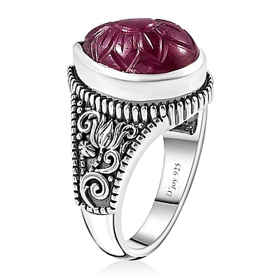 Indian Artistry Niassa Ruby (FF) Carved 8.50 ctw Flower Ring in Sterling Silver (Size 10.0)