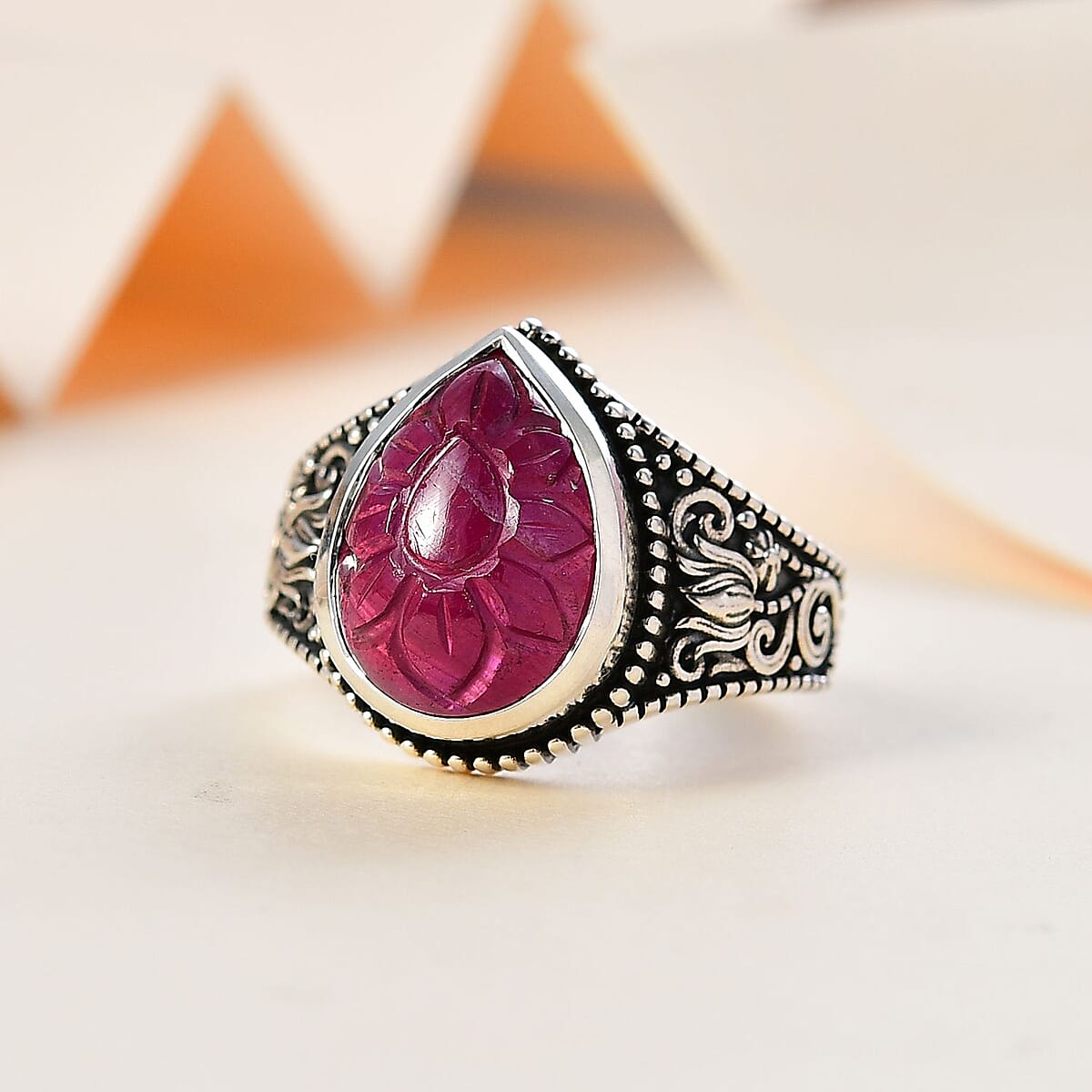 Indian Artistry Niassa Ruby (FF) Carved 8.50 ctw Flower Ring in Sterling Silver (Size 9.0) image number 1