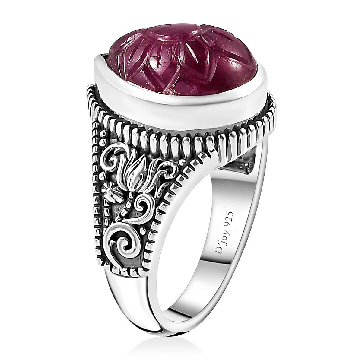 Indian Artistry Niassa Ruby (FF) Carved 8.50 ctw Flower Ring in Sterling Silver (Size 9.0) image number 3