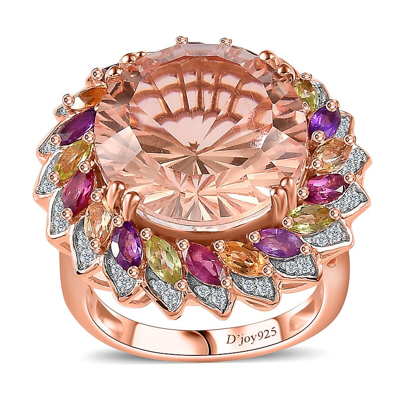 D'Joy Starburst Cut Morganique Quartz (Triplet) and Multi Gemstone Daisy Floral Ring in 18K Vermeil Rose Gold Over Sterling Silver (Size 10.0) 13.50 ctw