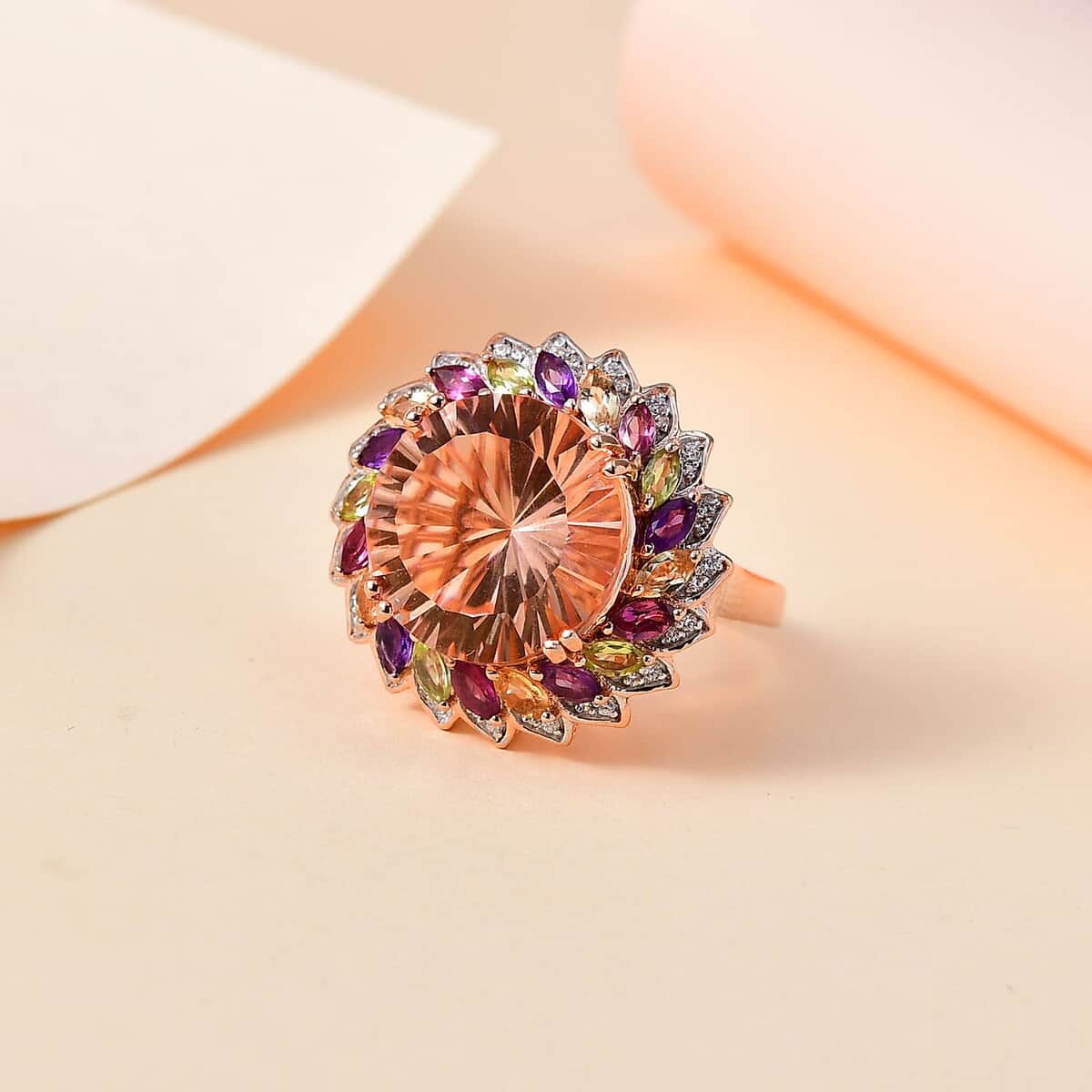 Starburst Cut Morganique Quartz (Triplet) and Multi Gemstone Daisy Floral Ring in 18K Vermeil Rose Gold Over Sterling Silver (Size 10.0) 13.50 ctw image number 1