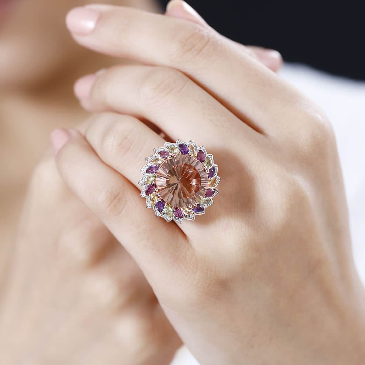 Starburst Cut Morganique Quartz (Triplet) and Multi Gemstone Daisy Floral Ring in 18K Vermeil Rose Gold Over Sterling Silver (Size 10.0) 13.50 ctw image number 2