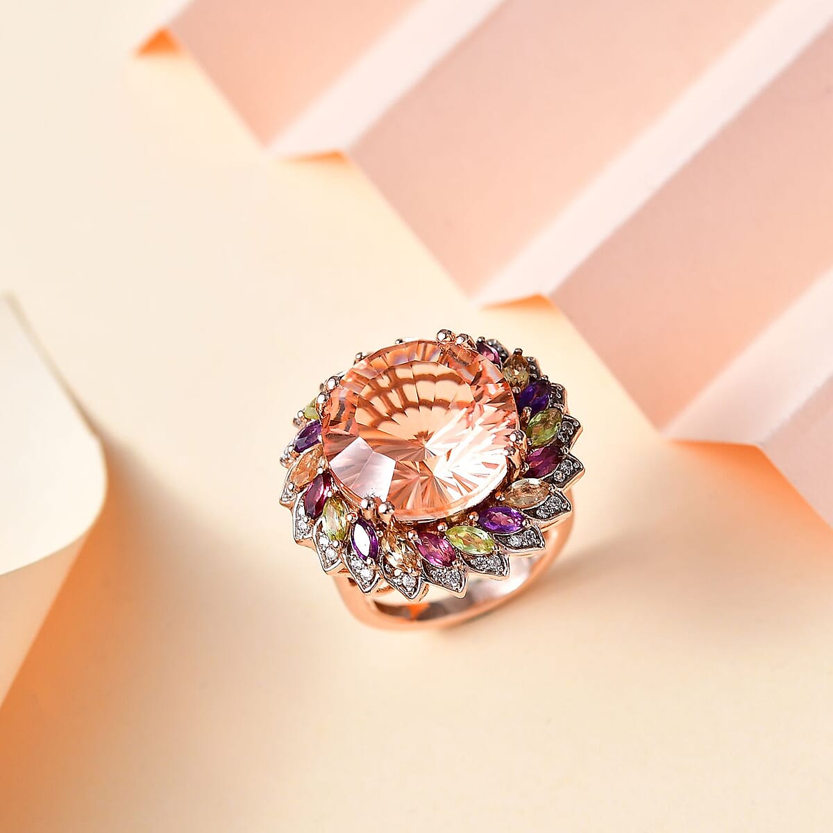 D'Joy Starburst Cut Morganique Quartz (Triplet) and Multi Gemstone Daisy Floral Ring in 18K Vermeil Rose Gold Over Sterling Silver (Size 6.0) 13.50 ctw image number 1