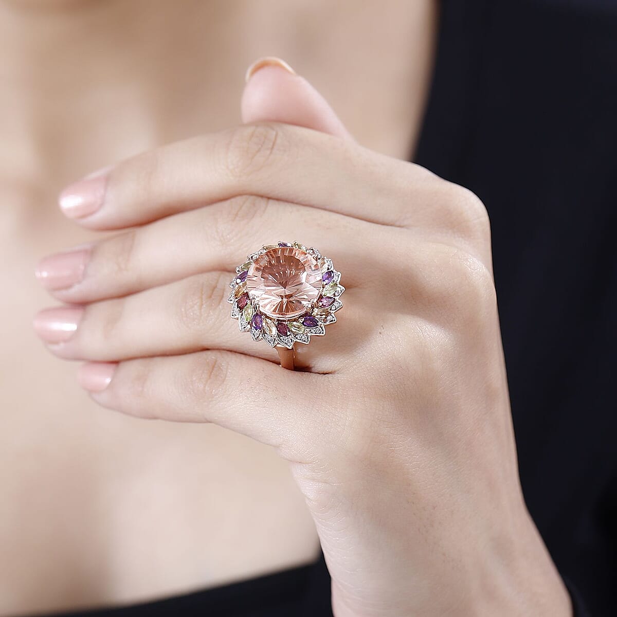 D'Joy Starburst Cut Morganique Quartz (Triplet) and Multi Gemstone Daisy Floral Ring in 18K Vermeil Rose Gold Over Sterling Silver (Size 6.0) 13.50 ctw image number 2