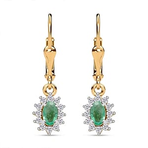 Zambian Emerald and White Zircon Lever Back 0.86 ctw Earrings in Vermeil YG Over Sterling Silver