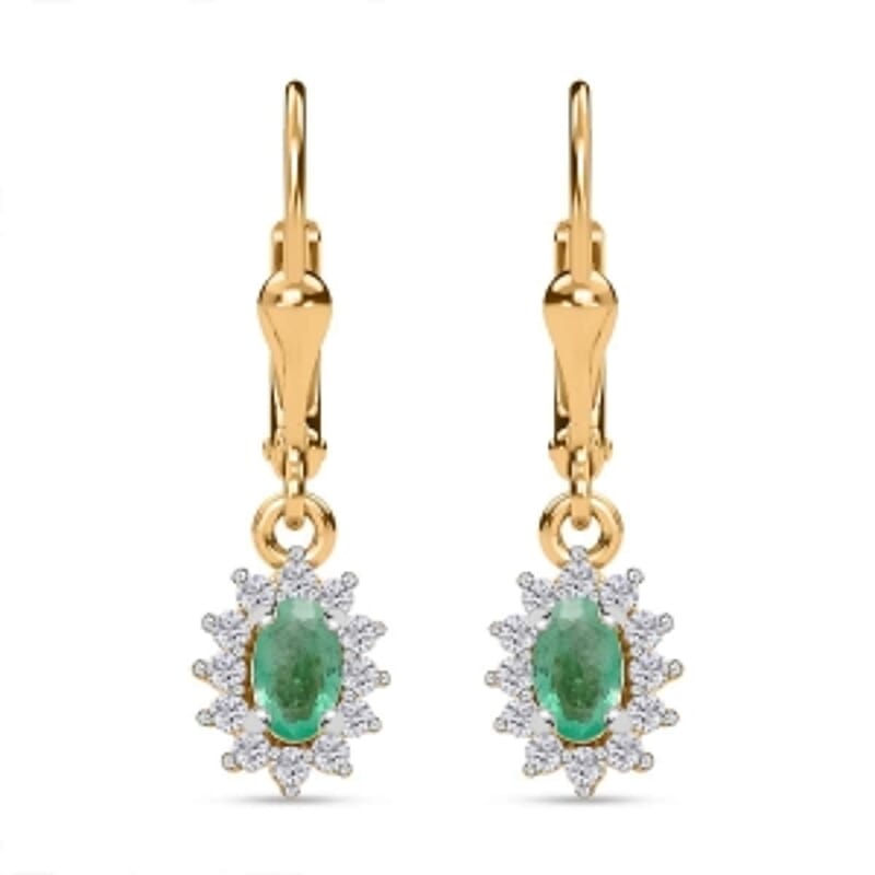 Zambian Emerald and White Zircon Lever Back 0.86 ctw Earrings in Vermeil YG Over Sterling Silver