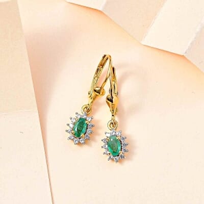 Zambian Emerald and White Zircon Lever Back 0.86 ctw Earrings in Vermeil YG Over Sterling Silver
