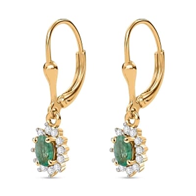 Zambian Emerald and White Zircon Lever Back 0.86 ctw Earrings in Vermeil YG Over Sterling Silver