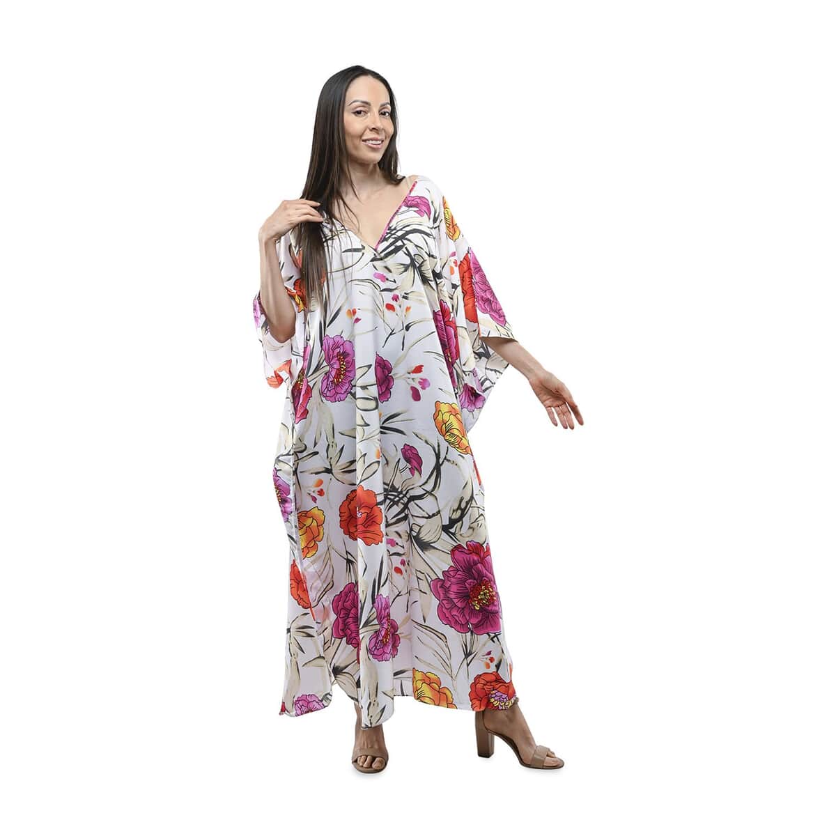Winlar White and Fuchsia Floral Microfiber Long Kaftan - One Size Fits Most image number 0
