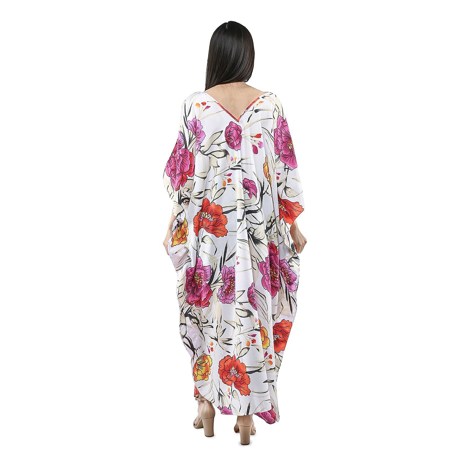 Winlar White and Fuchsia Floral Microfiber Long Kaftan - One Size Fits Most