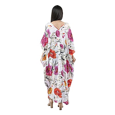 Winlar White and Fuchsia Floral Microfiber Long Kaftan - One Size Fits Most