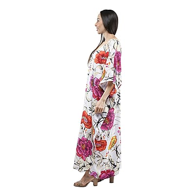 Winlar White and Fuchsia Floral Microfiber Long Kaftan - One Size Fits Most