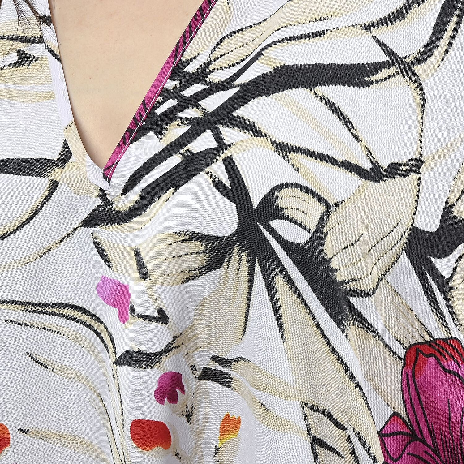 Winlar White and Fuchsia Floral Microfiber Long Kaftan - One Size Fits Most