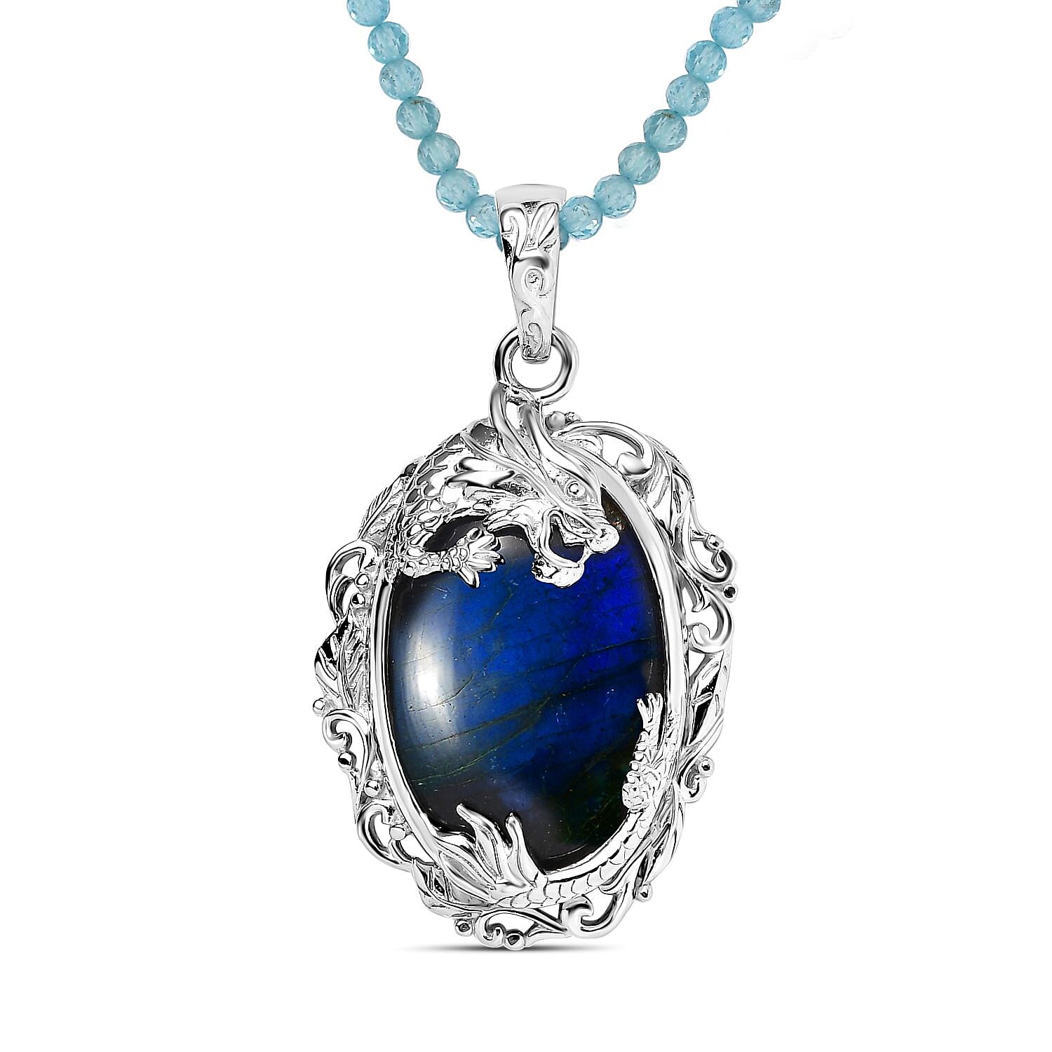 Malagasy Labradorite and Apatite Beads 51.80 ctw Necklace in Rhodium Over Sterling Silver 18 Inches