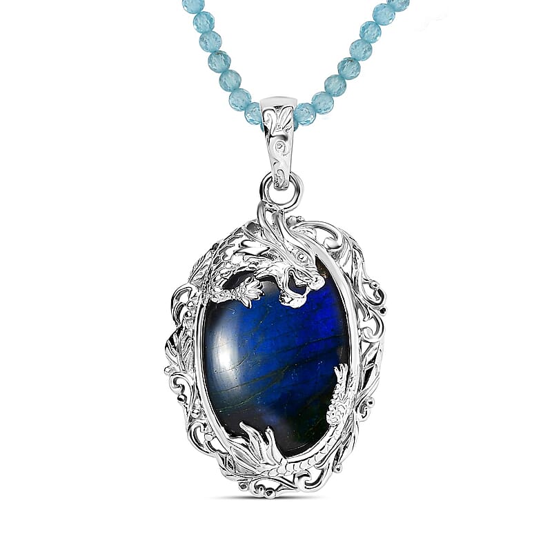 Malagasy Labradorite and Apatite Beads 51.80 ctw Necklace in Rhodium Over Sterling Silver 18 Inches