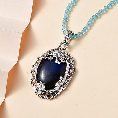 Malagasy Labradorite and Apatite Beads 51.80 ctw Necklace in Rhodium Over Sterling Silver 18 Inches
