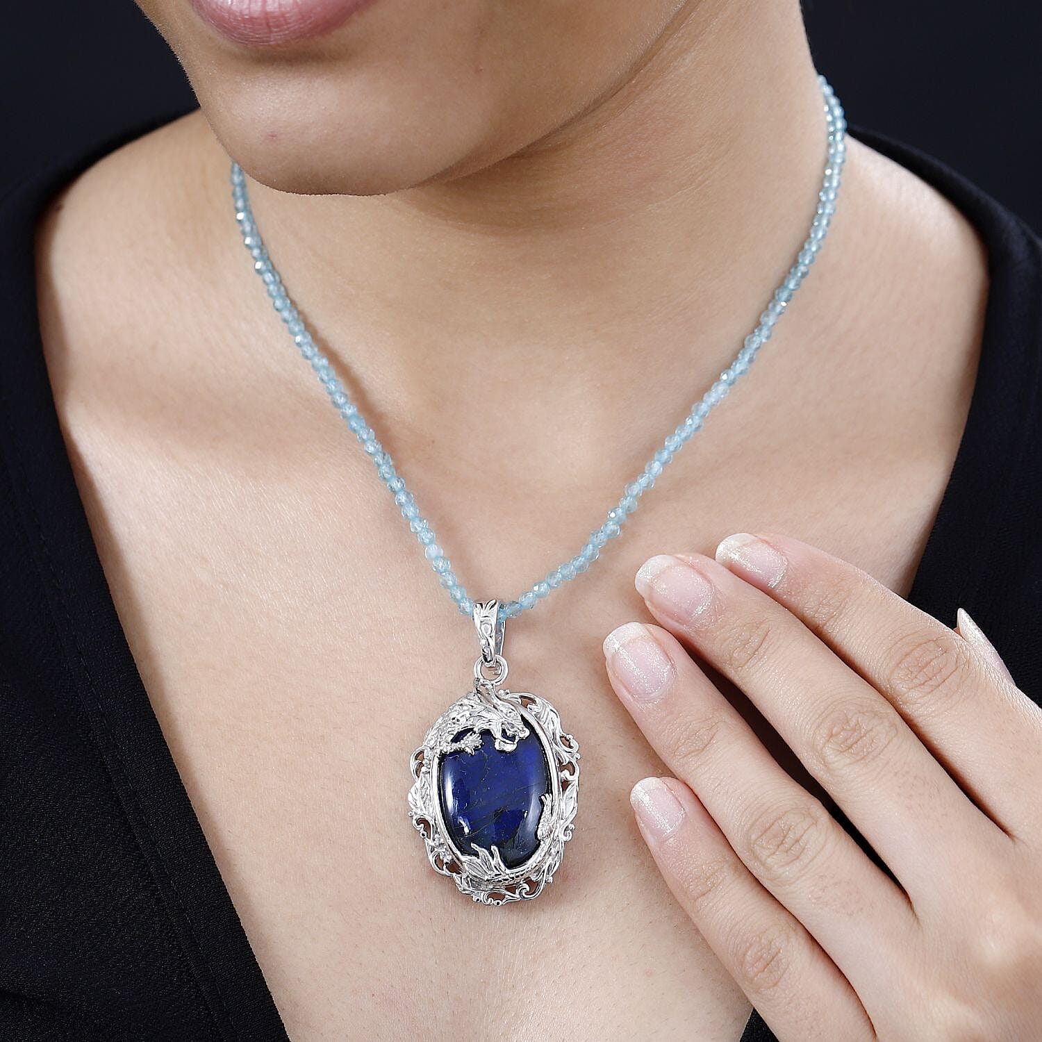Malagasy Labradorite and Apatite Beads 51.80 ctw Necklace in Rhodium Over Sterling Silver 18 Inches