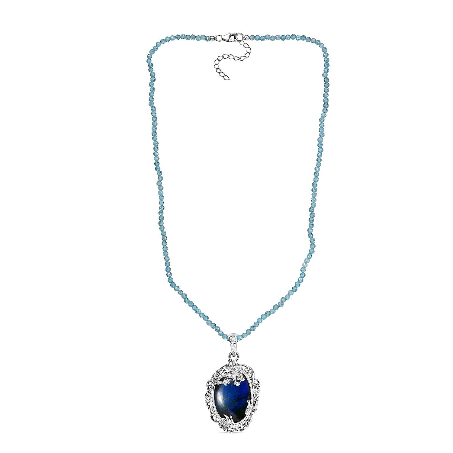 Malagasy Labradorite and Apatite Beads 51.80 ctw Necklace in Rhodium Over Sterling Silver 18 Inches