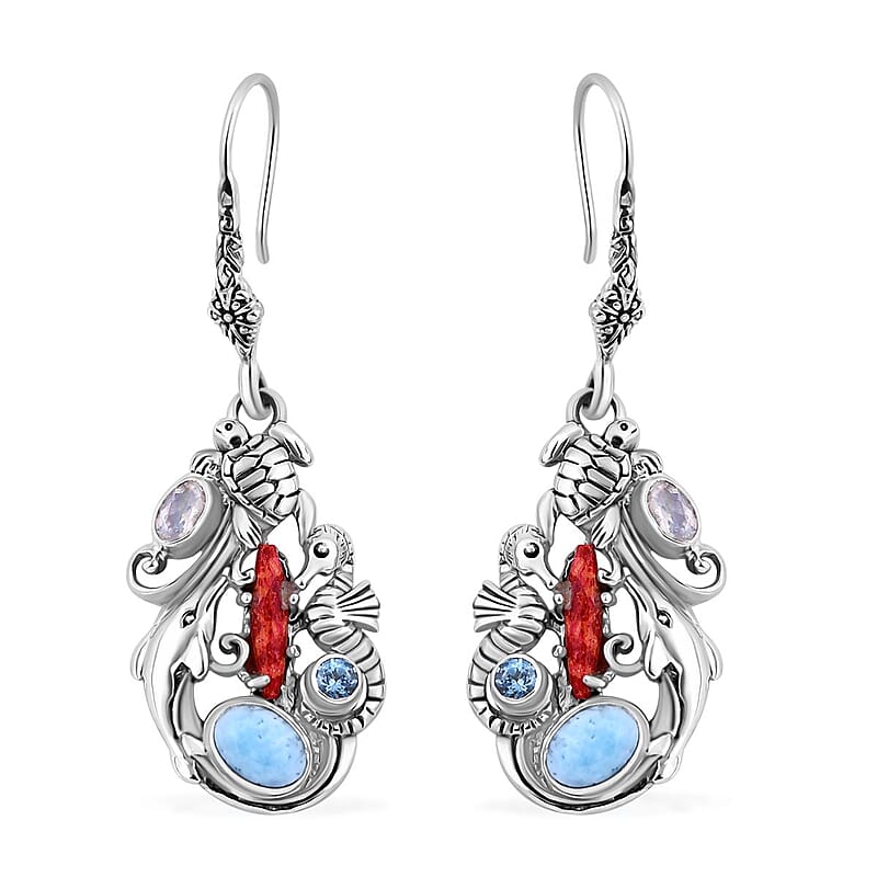 Bali Legacy Larimar and Multi Gemstone Sea Creatures Earrings in Sterling Silver 2.75 ctw