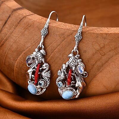 Bali Legacy Larimar and Multi Gemstone Sea Creatures Earrings in Sterling Silver 2.75 ctw