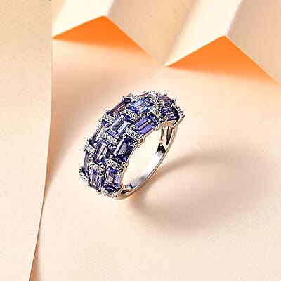 Tanzanite and Moissanite Ring in Platinum Over Sterling Silver (Size 5.0) 4.25 ctw