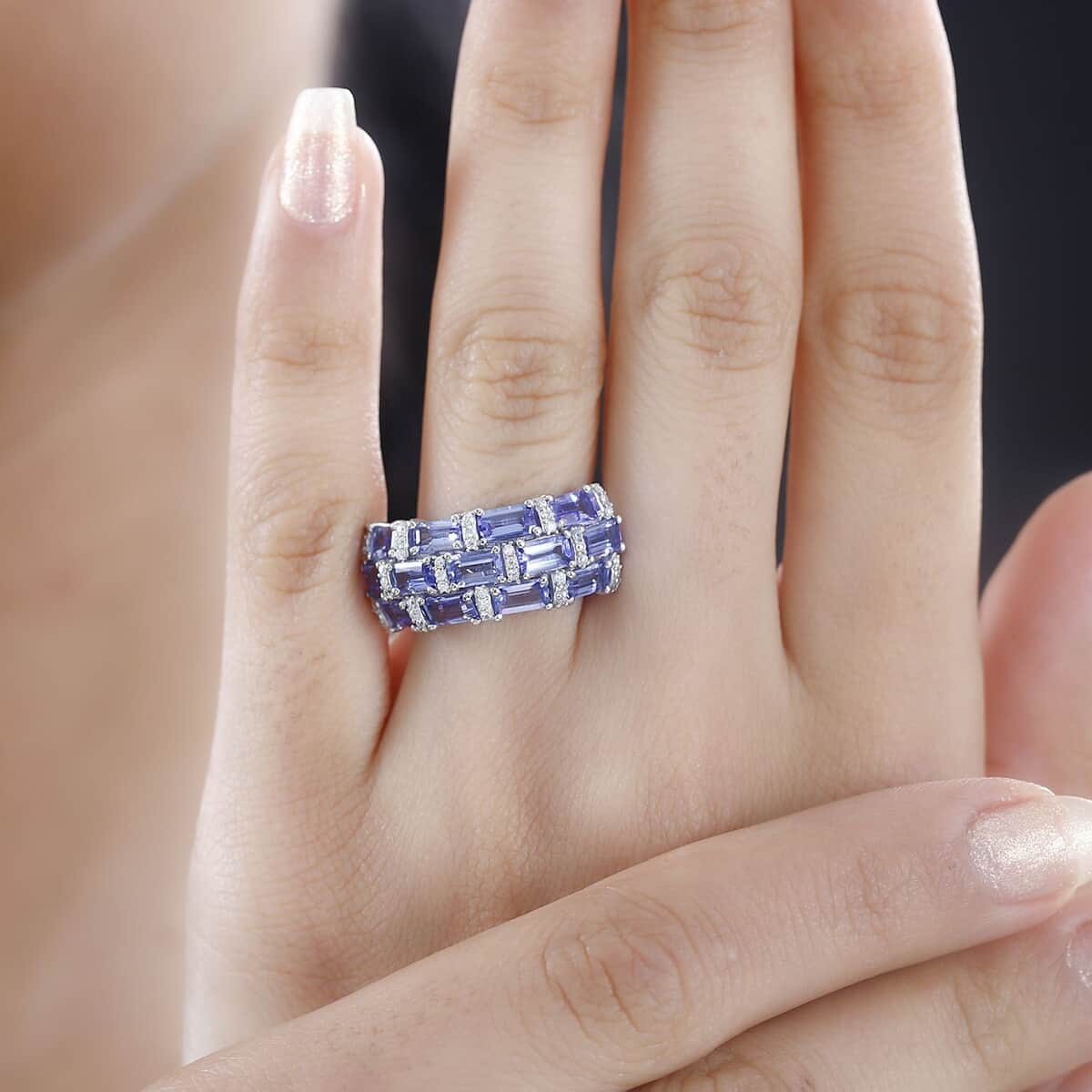 Tanzanite and Moissanite Ring in Platinum Over Sterling Silver (Size 5.0) 4.25 ctw image number 2