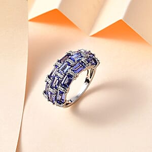 Tanzanite and Moissanite Ring in Platinum Over Sterling Silver (Size 6.0) 4.25 ctw
