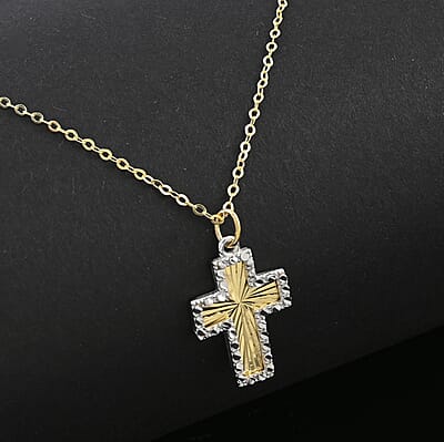 Italian 10K Yellow and White Gold Frame Cross Necklace 18-20 Inches 1.3 Grams