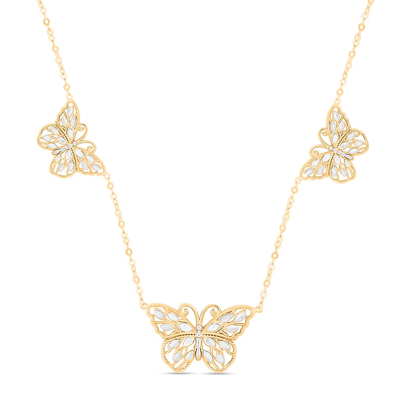 Italian 10K Yellow and White Gold Butterfly Station Necklace 18-20 Inches 2 Grams