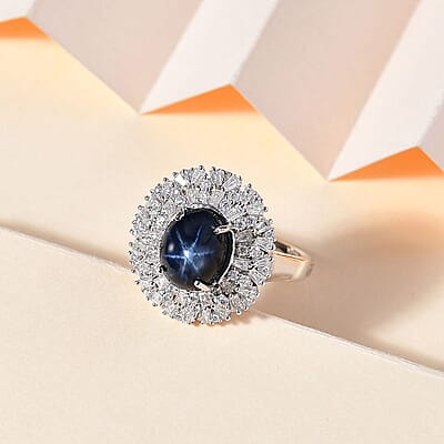 Blue Star Sapphire (DF) and Moissanite Cocktail Ring in Platinum Over Sterling Silver (Size 10.0) 5.80 ctw