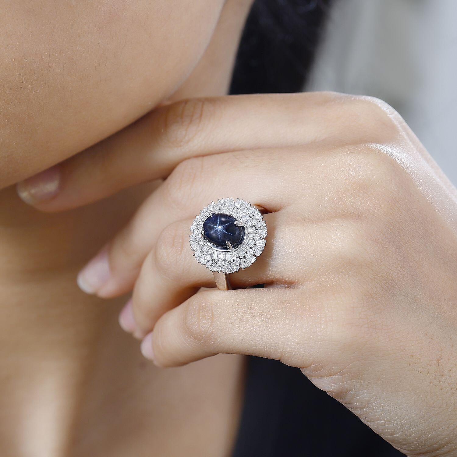 Blue Star Sapphire (DF) and Moissanite Cocktail Ring in Platinum Over Sterling Silver (Size 10.0) 5.80 ctw