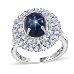 Blue Star Sapphire (DF) and Moissanite Cocktail Ring in Platinum Over Sterling Silver (Size 5.0) 5.80 ctw