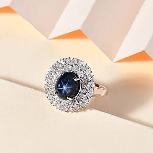 Blue Star Sapphire (DF) and Moissanite Cocktail Ring in Platinum Over Sterling Silver (Size 6.0) 5.80 ctw