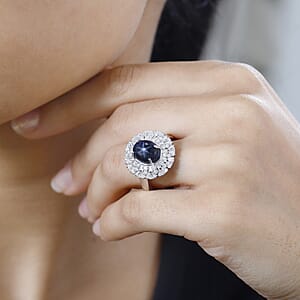 Blue Star Sapphire (DF) and Moissanite Cocktail Ring in Platinum Over Sterling Silver (Size 6.0) 5.80 ctw