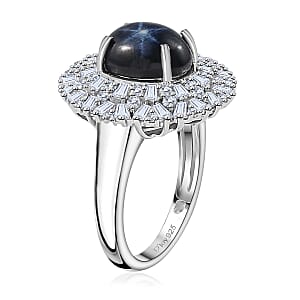 Blue Star Sapphire (DF) and Moissanite Cocktail Ring in Platinum Over Sterling Silver (Size 6.0) 5.80 ctw