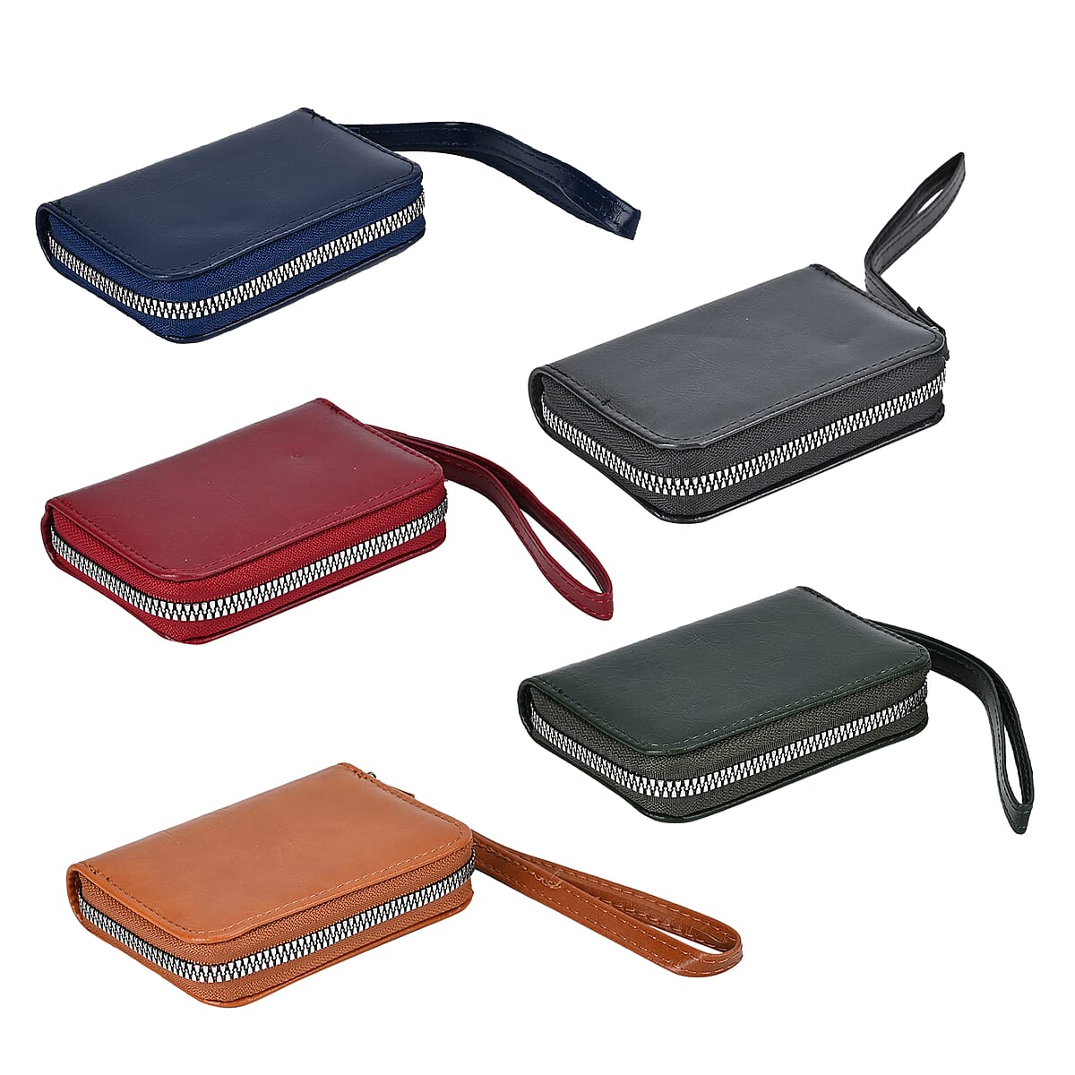Black, Brown, Red, Navy and Green Faux Leather Set of 5 Card Holder (3.9"x1.4"x2.9") with Wrist Strap image number 3