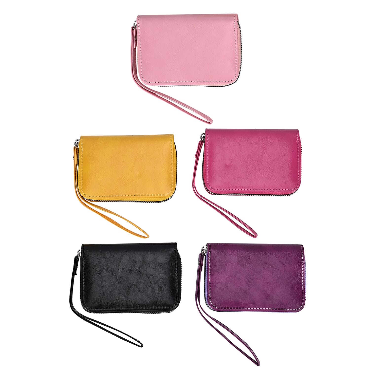Black, Brown, Red, Navy and Green Faux Leather Set of 5 Card Holder (3.9"x1.4"x2.9") with Wrist Strap