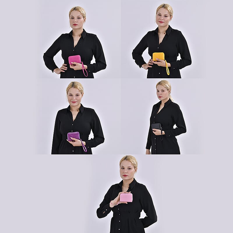 Black, Purple, Rose Pink, Pink and Yellow Faux Leather Set of 5 Card Holder with Wrist Strap