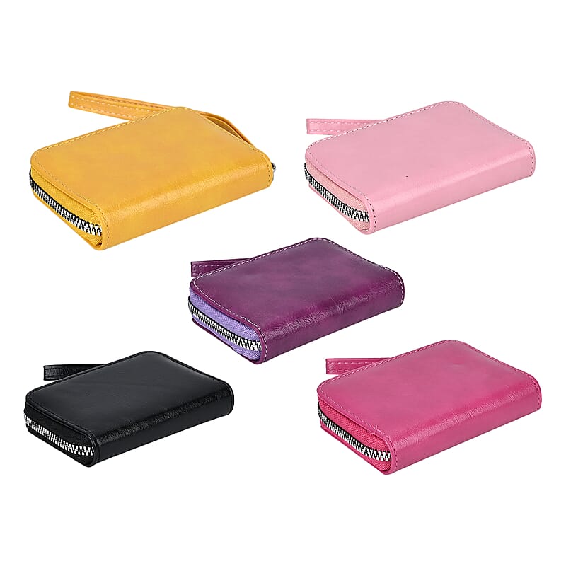 Black, Purple, Rose Pink, Pink and Yellow Faux Leather Set of 5 Card Holder with Wrist Strap