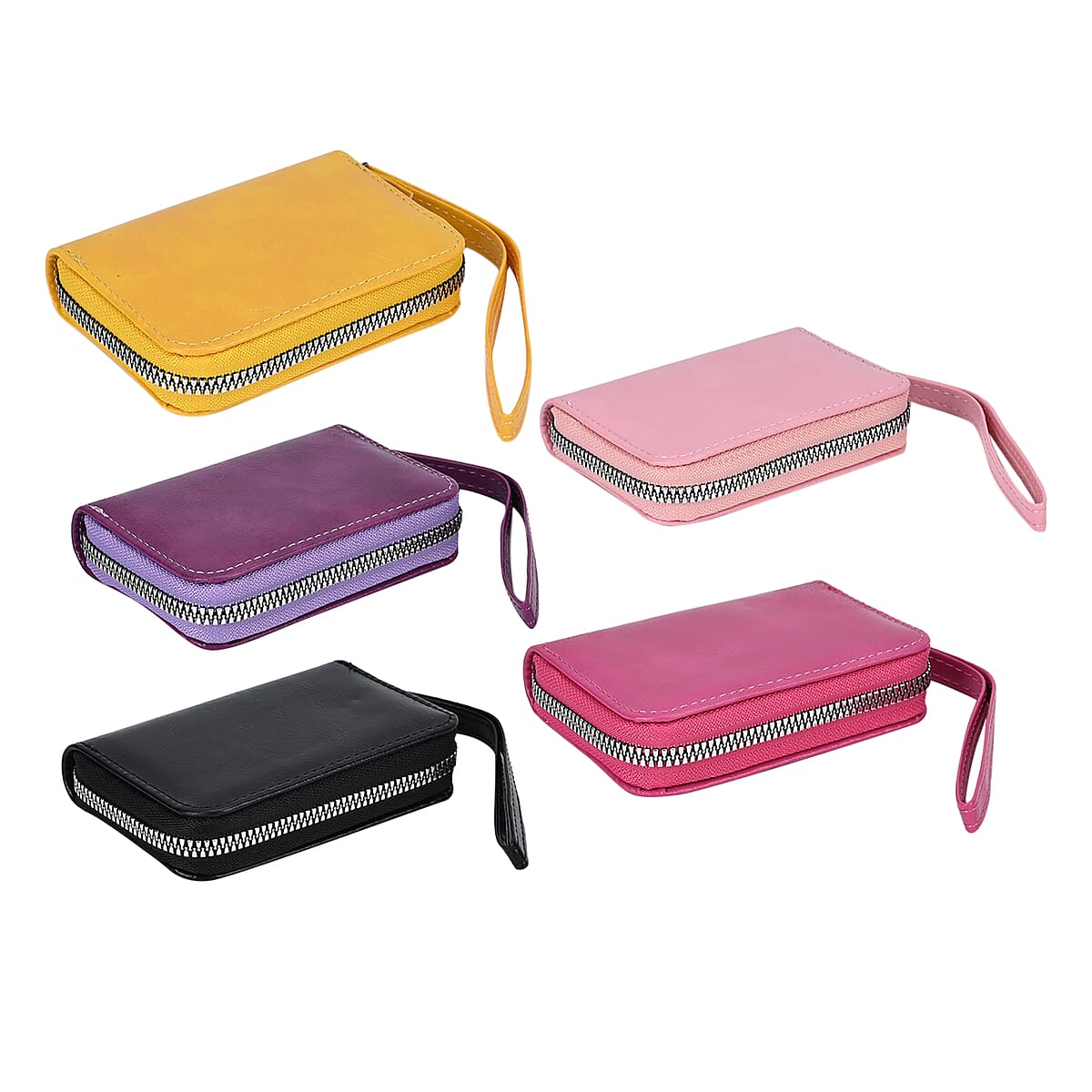 Black, Purple, Rose Pink, Pink and Yellow Faux Leather Set of 5 Card Holder (3.9x1.4x2.9) with Wrist Strap image number 3