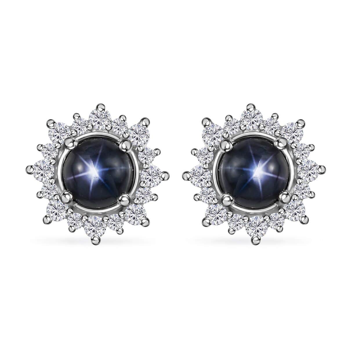 Blue Star Sapphire (DF) and White Zircon Sunburst Stud Earrings in Platinum Over Sterling Silver 2.30 ctw image number 0