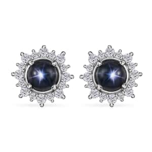 Blue Star Sapphire (DF) and White Zircon Sunburst Stud Earrings in Platinum Over Sterling Silver 2.30 ctw